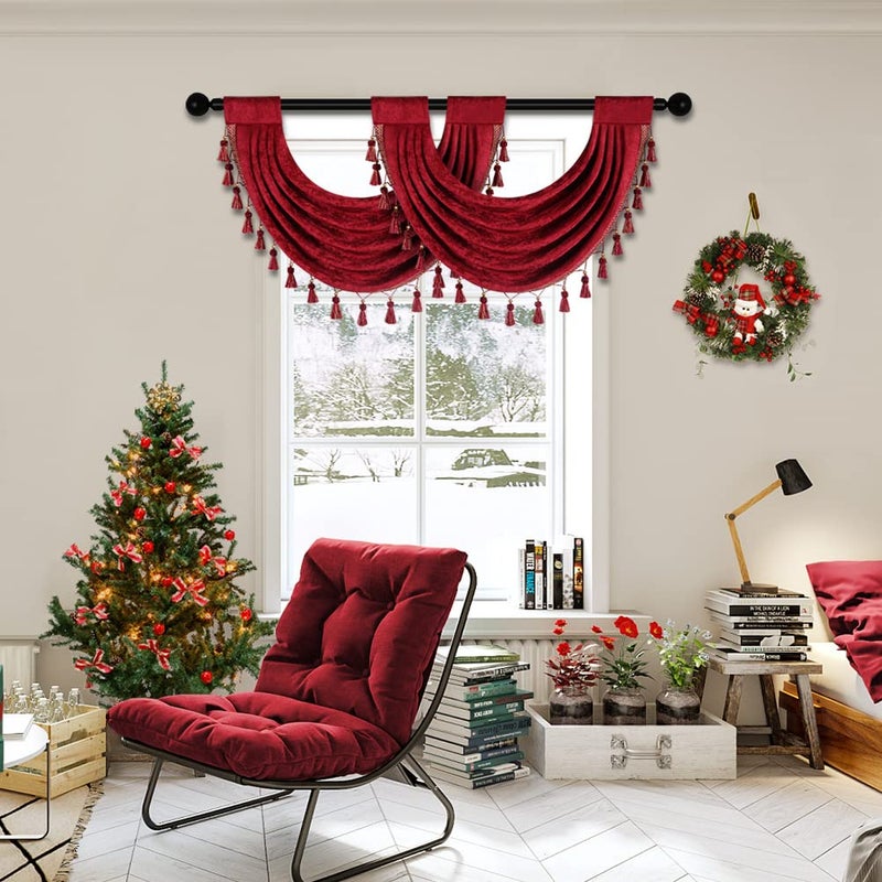 ELKCA Thick Chenille Waterfall Swag Valances for Living Room Burgundy Red Valance Curtains for Holiday,Pack of 1 (Burgundy Red,30" W x 22" L) - Image 2